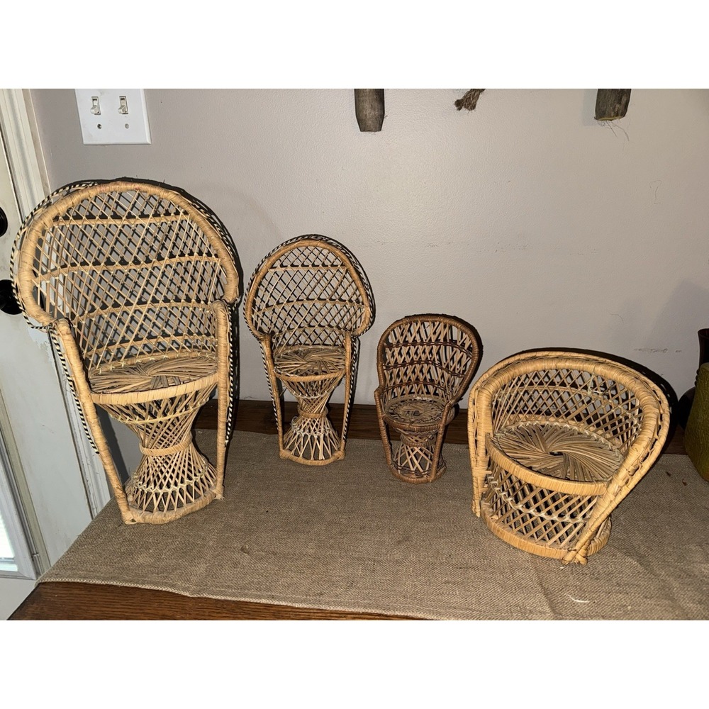 Lot Of 4 Vintage Wicker Rattan Chairs Dolls, Plants Etc See Pics For Sizes